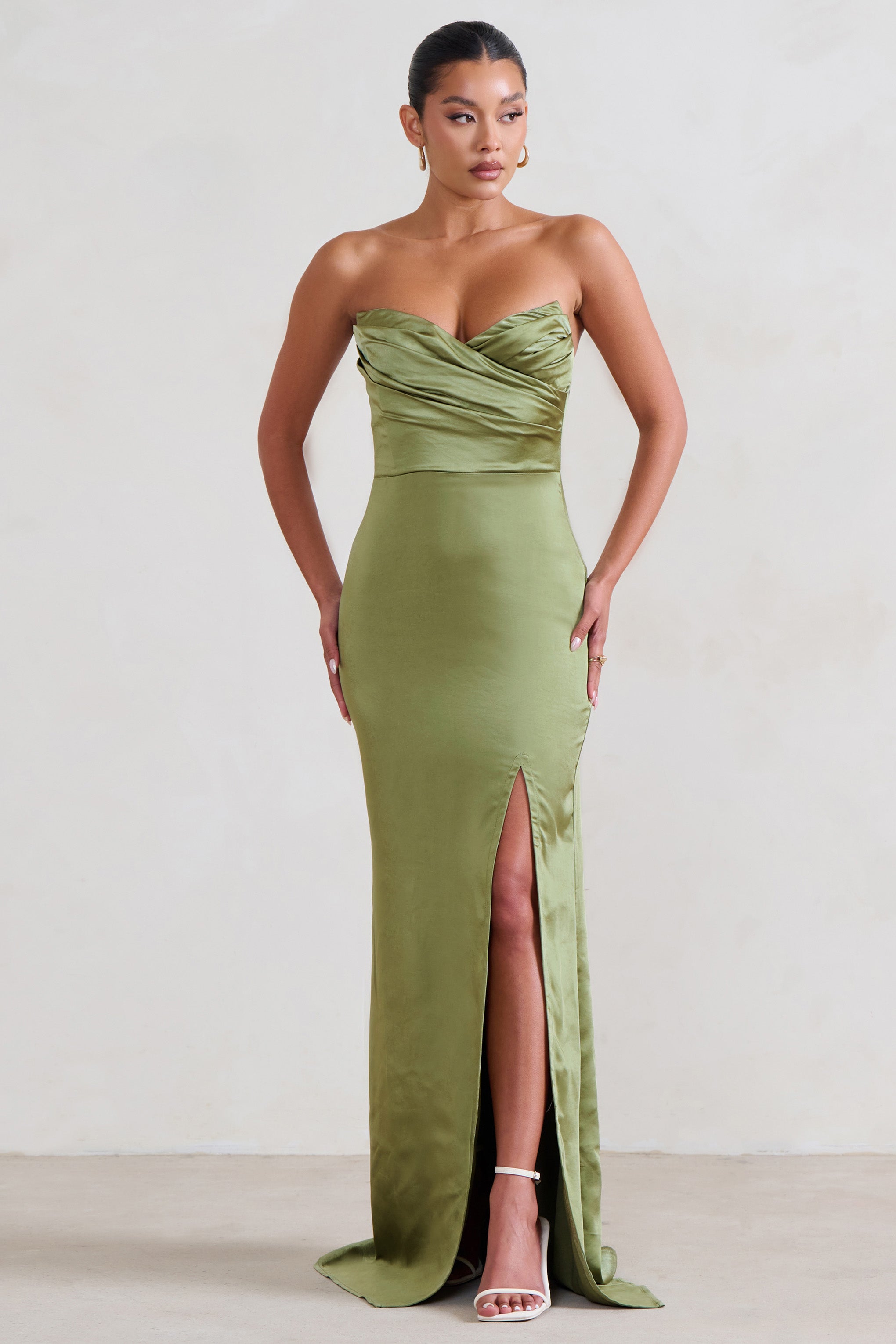 Coraline Olive Strapless Maxi Dress With Split-Babyboo Dress Store. All Rights Reserved.