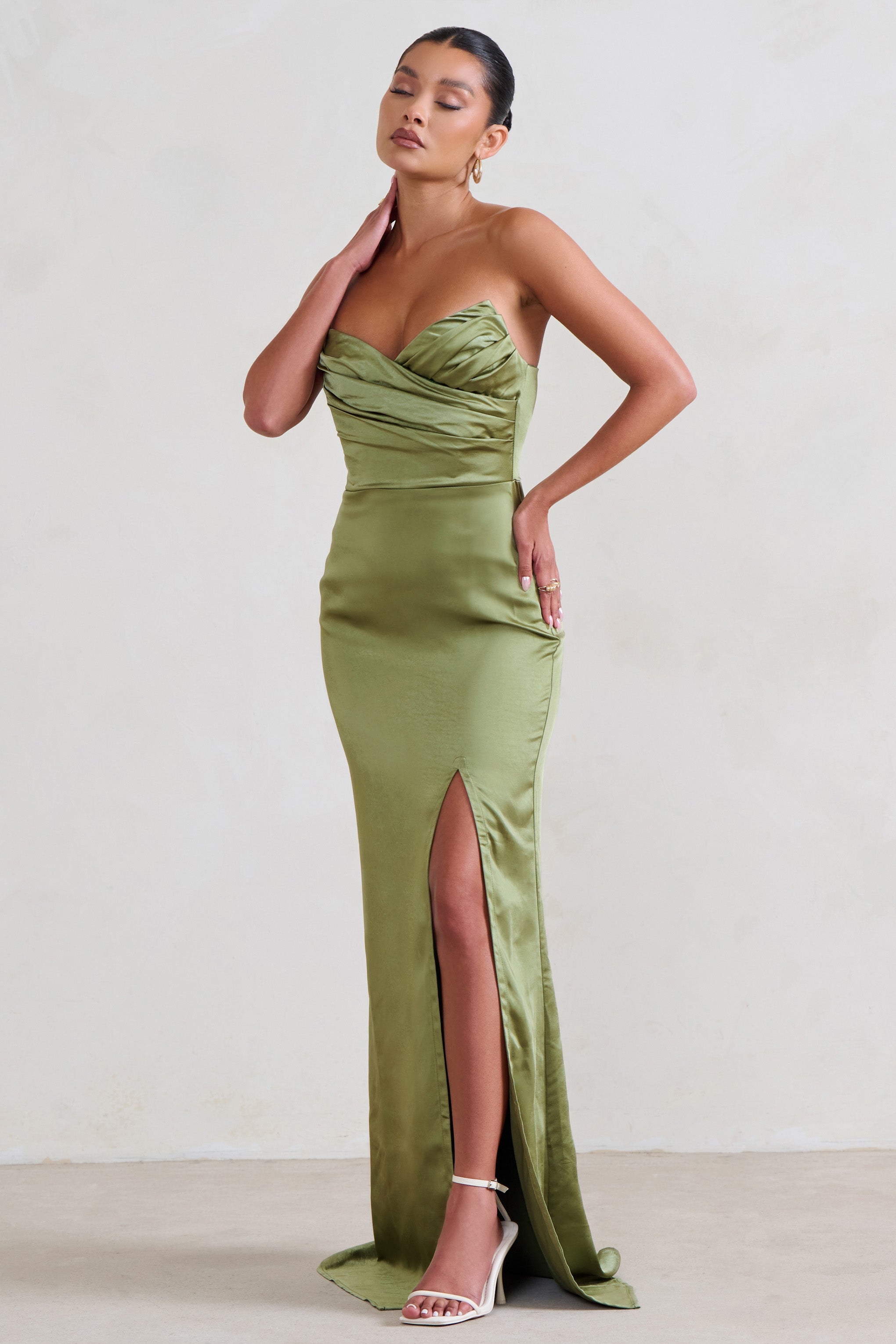 Coraline Olive Strapless Maxi Dress With Split-Babyboo Dress Store. All Rights Reserved.