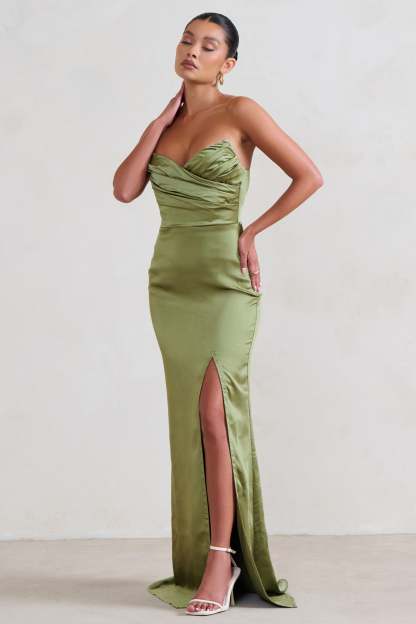 Coraline Olive Strapless Maxi Dress With Split-Babyboo Dress Store. All Rights Reserved.