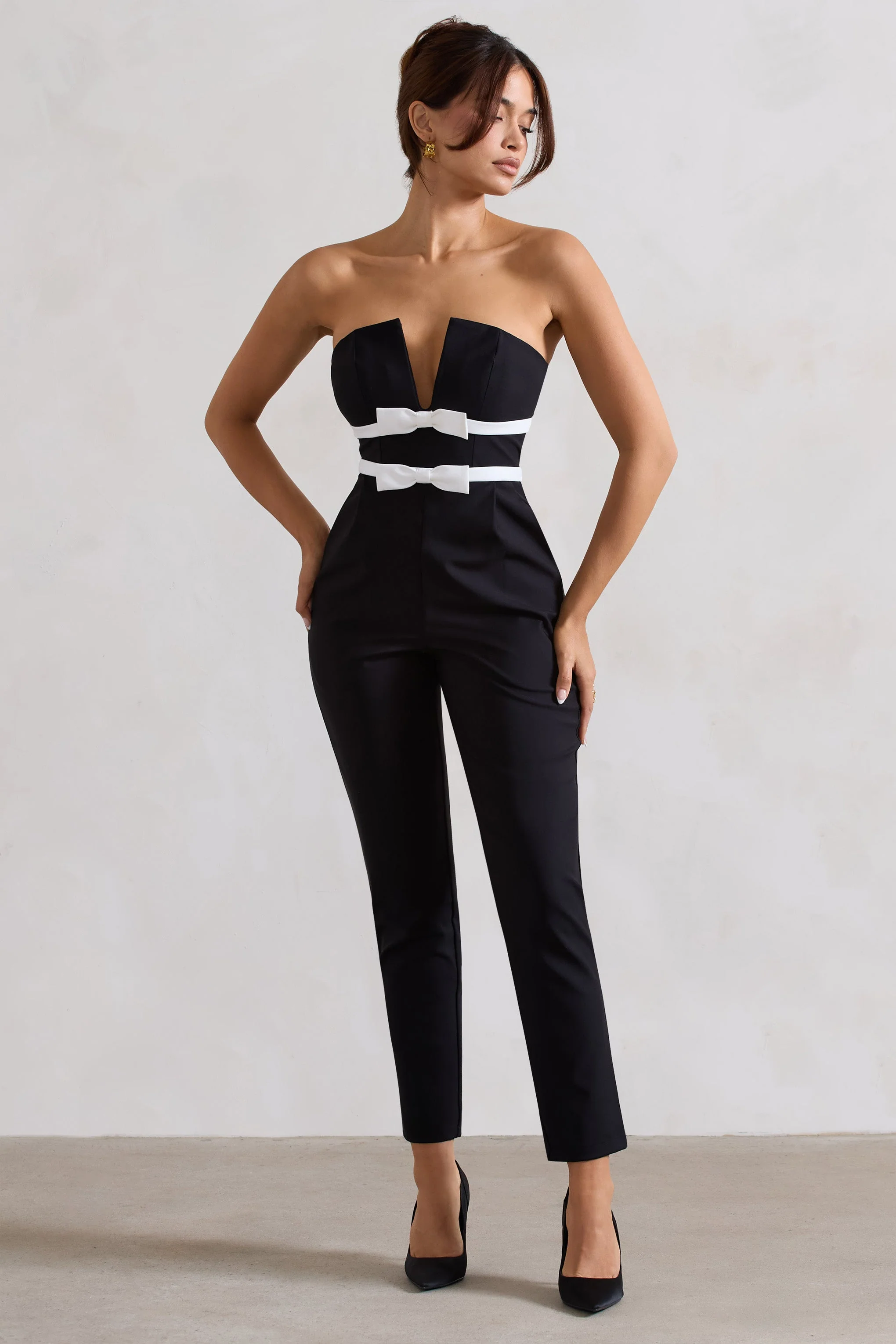 Black Strapless Tailored Straight-Leg Jumpsuit With Bows