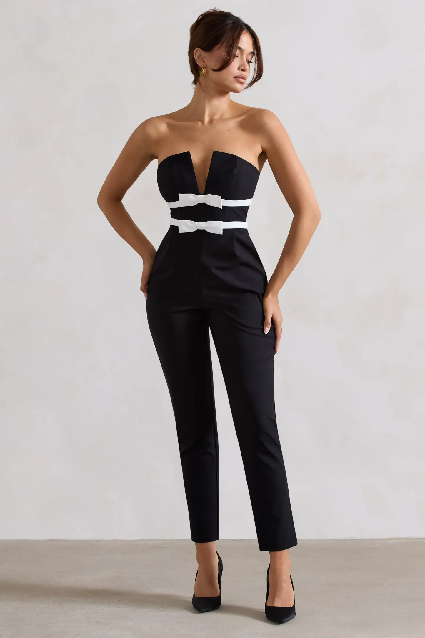 Black Strapless Tailored Straight-Leg Jumpsuit With Bows