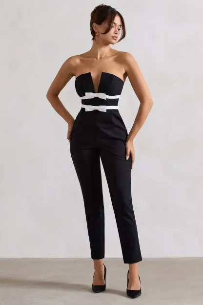 Black Strapless Tailored Straight-Leg Jumpsuit With Bows