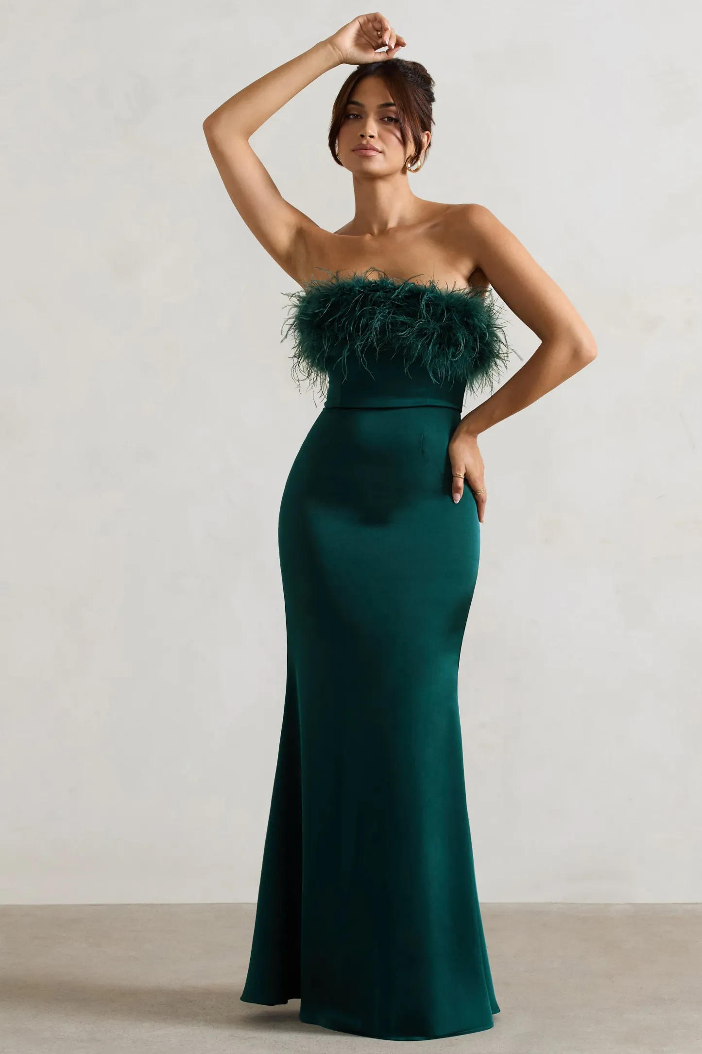 Bottle Green Satin Feather Trim Bandeau Maxi Dress