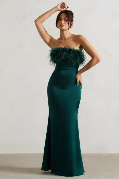 Bottle Green Satin Feather Trim Bandeau Maxi Dress
