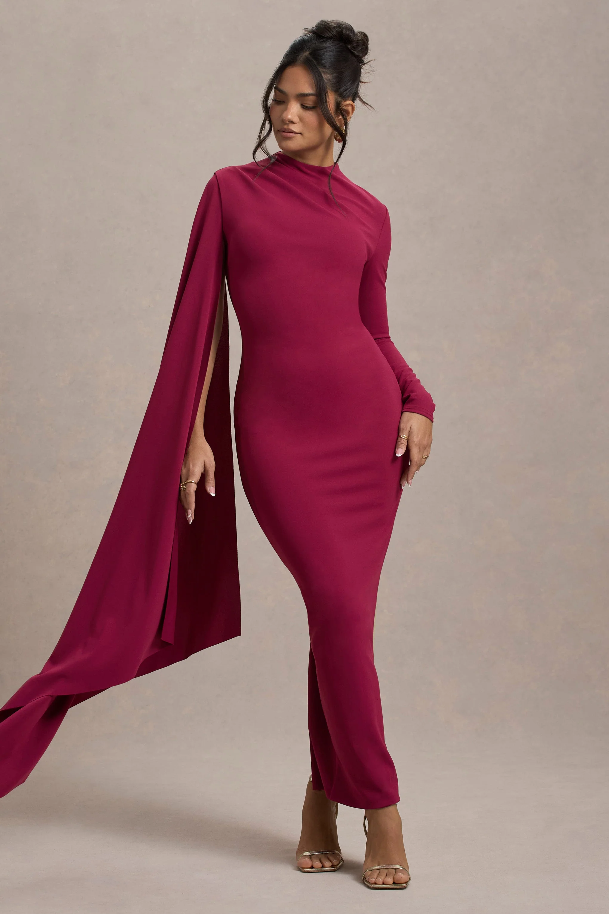 Mulberry High-Neck Long-Sleeve Maxi Dress With Cape Sleeve