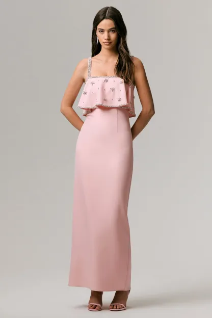 Pale Pink Square-Neck Embellished Maxi Dress