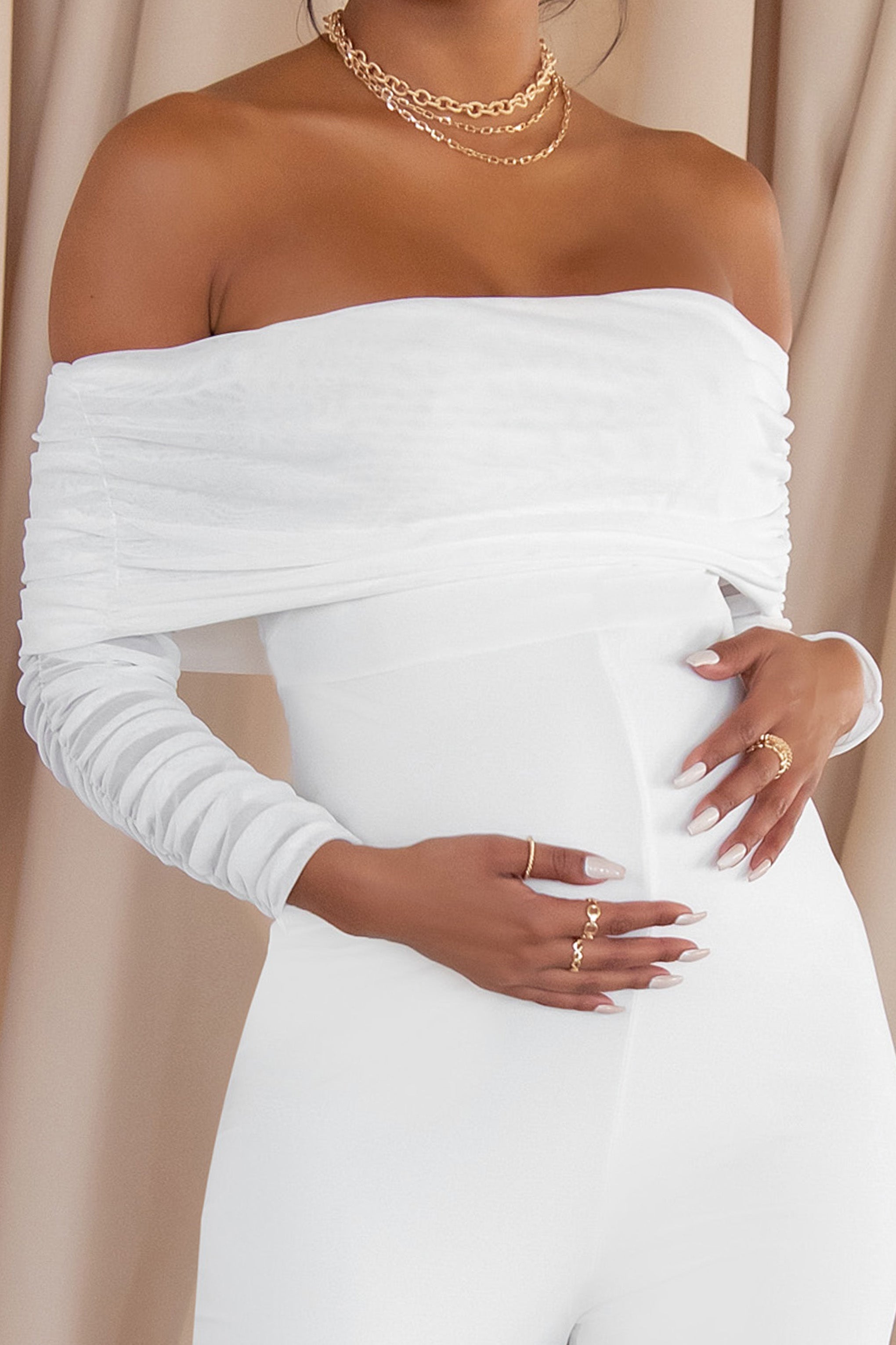 Count Down White Maternity Ruched Mesh Bardot Jumpsuit-Babyboo Dress Store. All Rights Reserved.