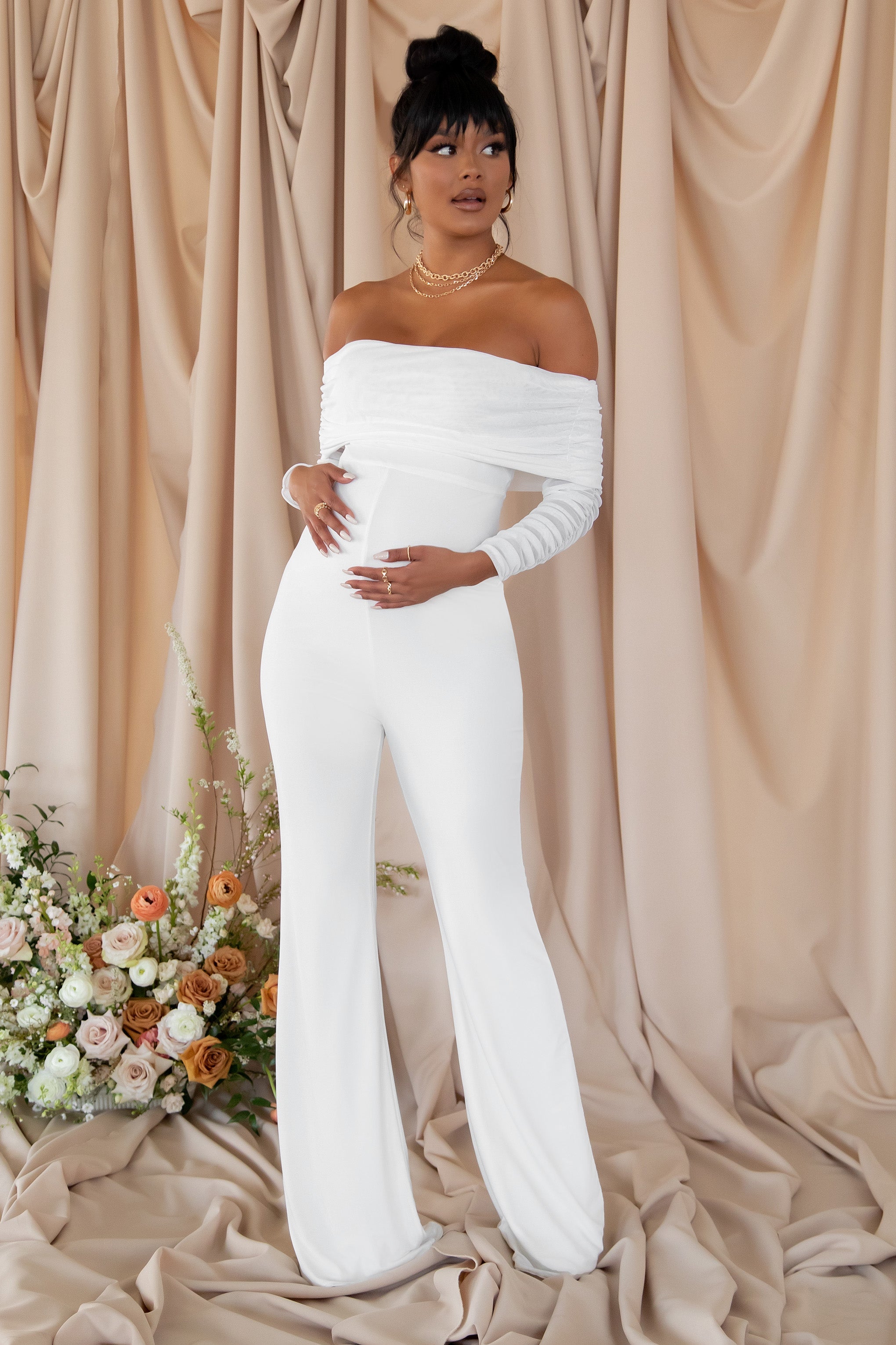 Count Down White Maternity Ruched Mesh Bardot Jumpsuit-Babyboo Dress Store. All Rights Reserved.