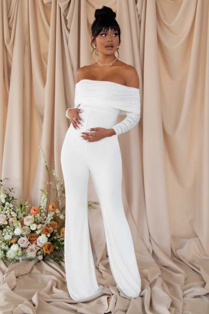 Count Down White Maternity Ruched Mesh Bardot Jumpsuit-Babyboo Dress Store. All Rights Reserved.