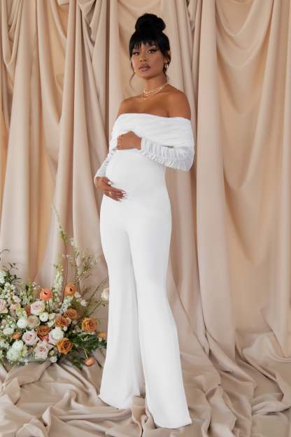 Count Down White Maternity Ruched Mesh Bardot Jumpsuit-Babyboo Dress Store. All Rights Reserved.