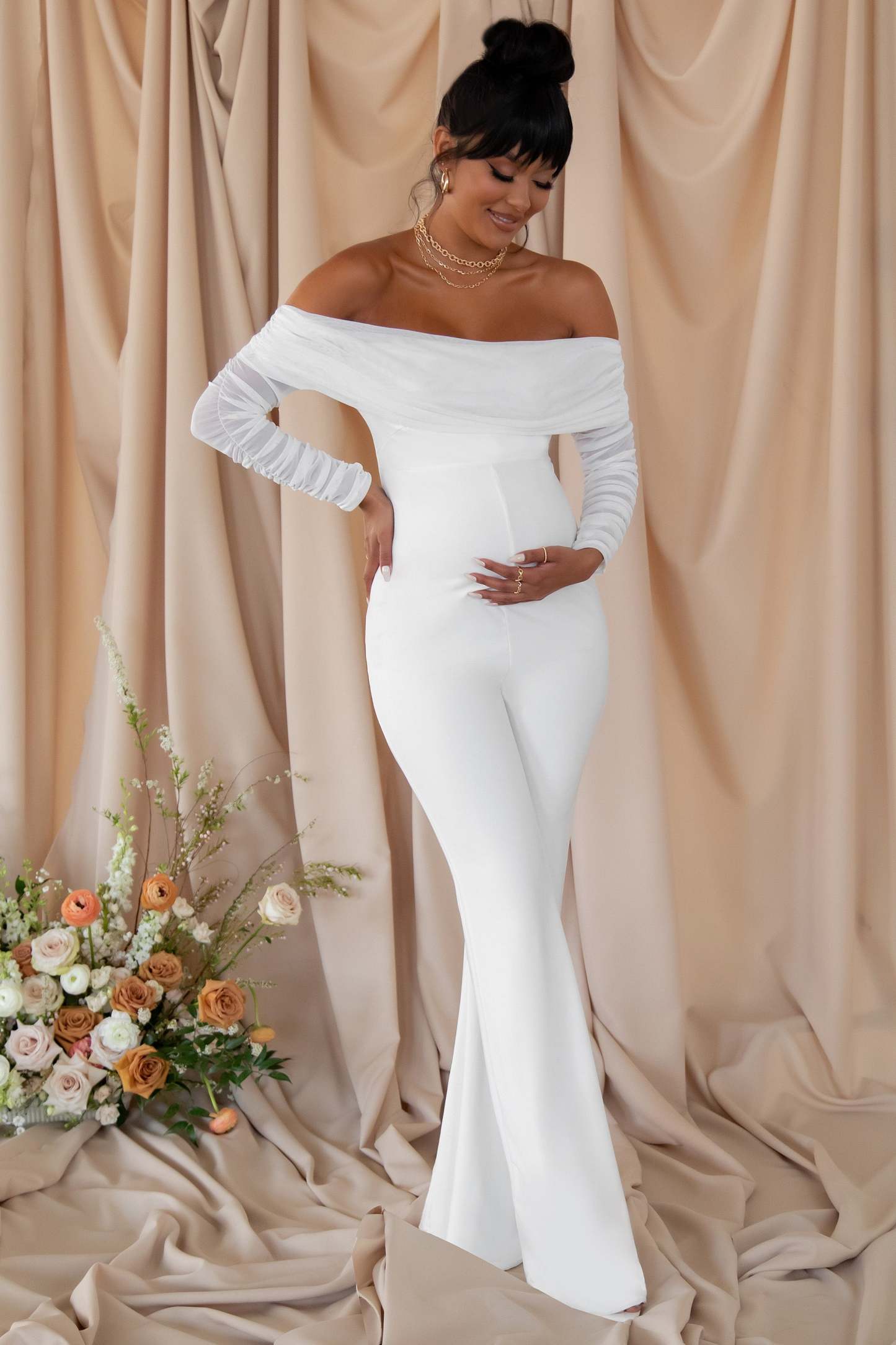 Count Down White Maternity Ruched Mesh Bardot Jumpsuit-Babyboo Dress Store. All Rights Reserved.