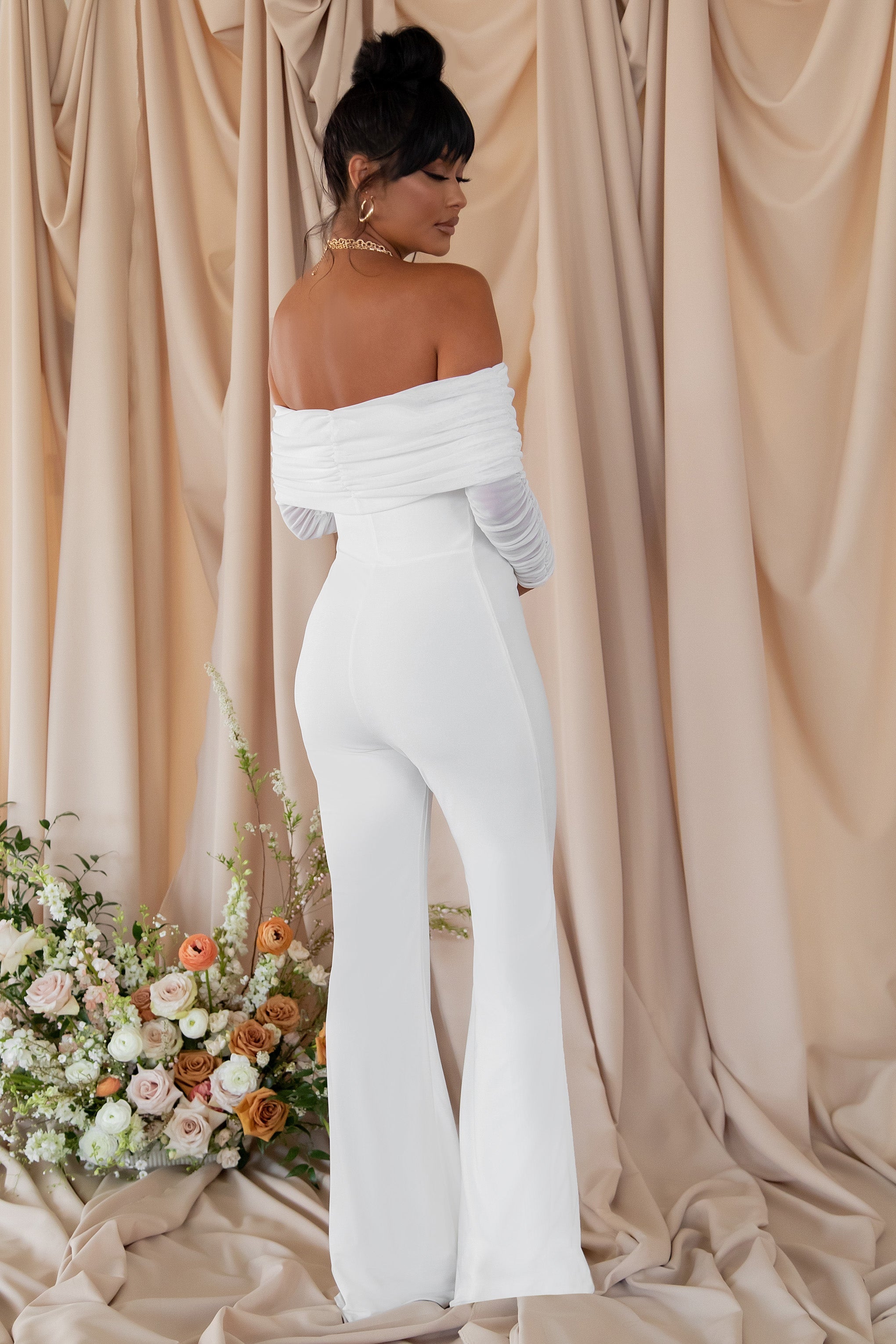 Count Down White Maternity Ruched Mesh Bardot Jumpsuit-Babyboo Dress Store. All Rights Reserved.