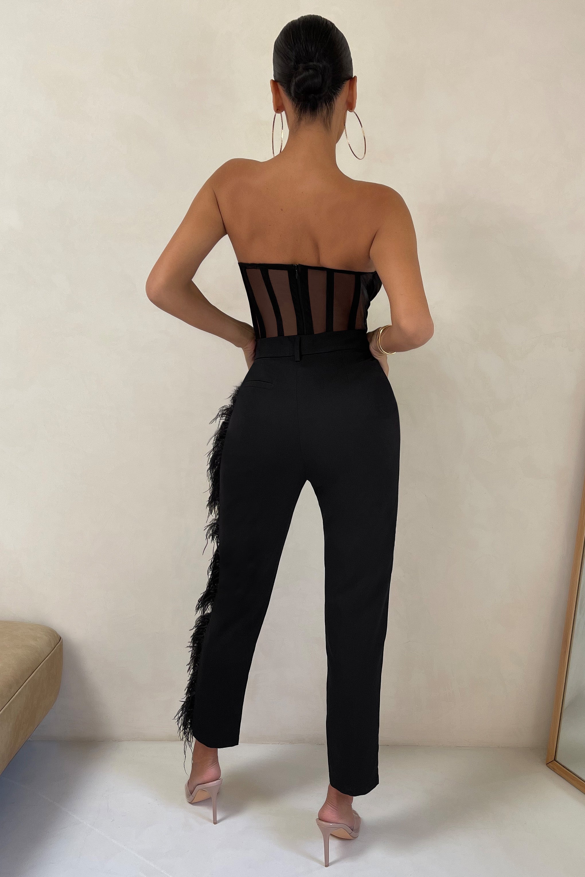 Count Me In Black Tailored Feather Trim Trousers-Babyboo Dress Store. All Rights Reserved.