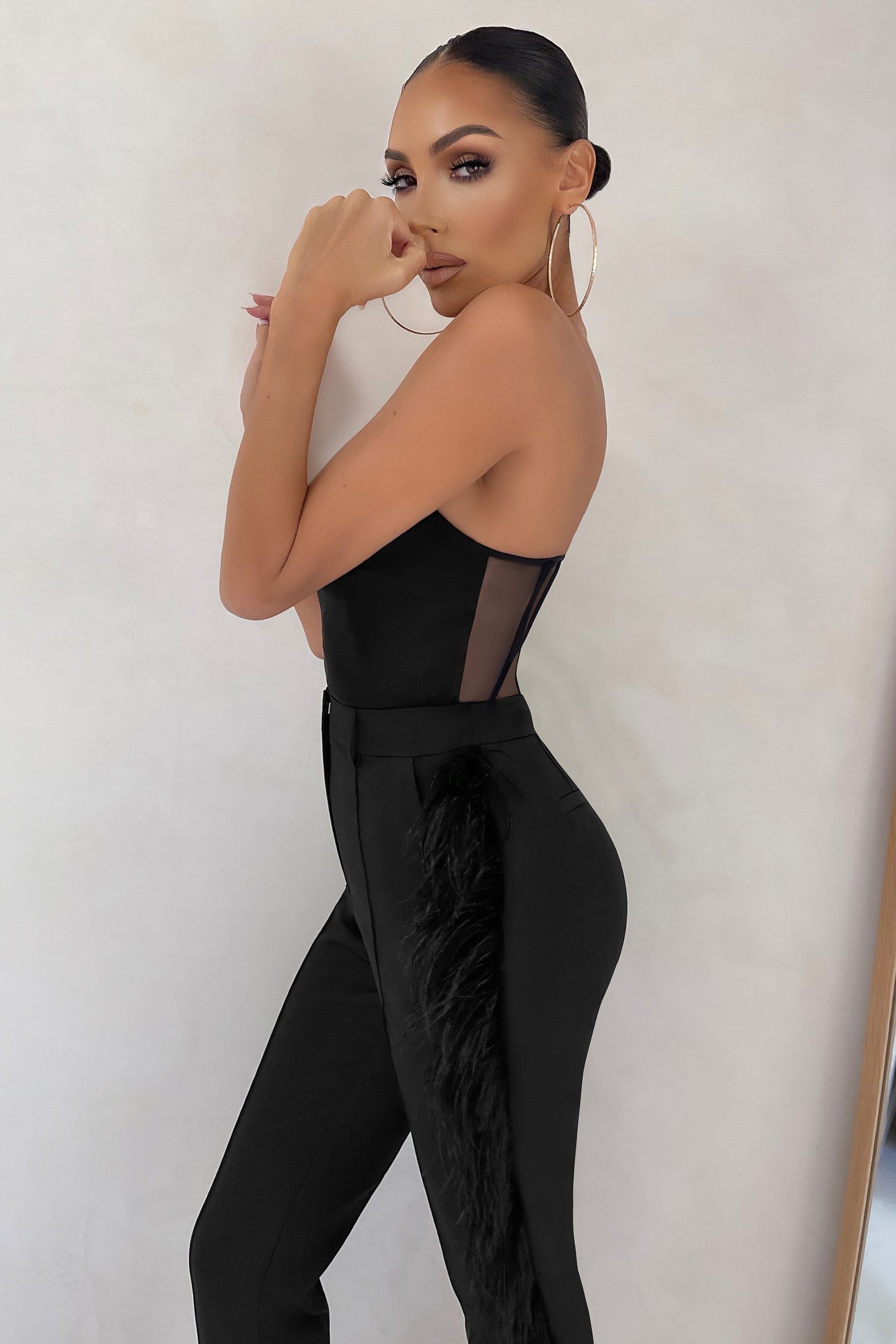 Count Me In Black Tailored Feather Trim Trousers-Babyboo Dress Store. All Rights Reserved.