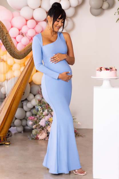 Oh Baby Powder Blue Maternity One Shoulder Bodycon Maxi Dress-Babyboo Dress Store. All Rights Reserved.
