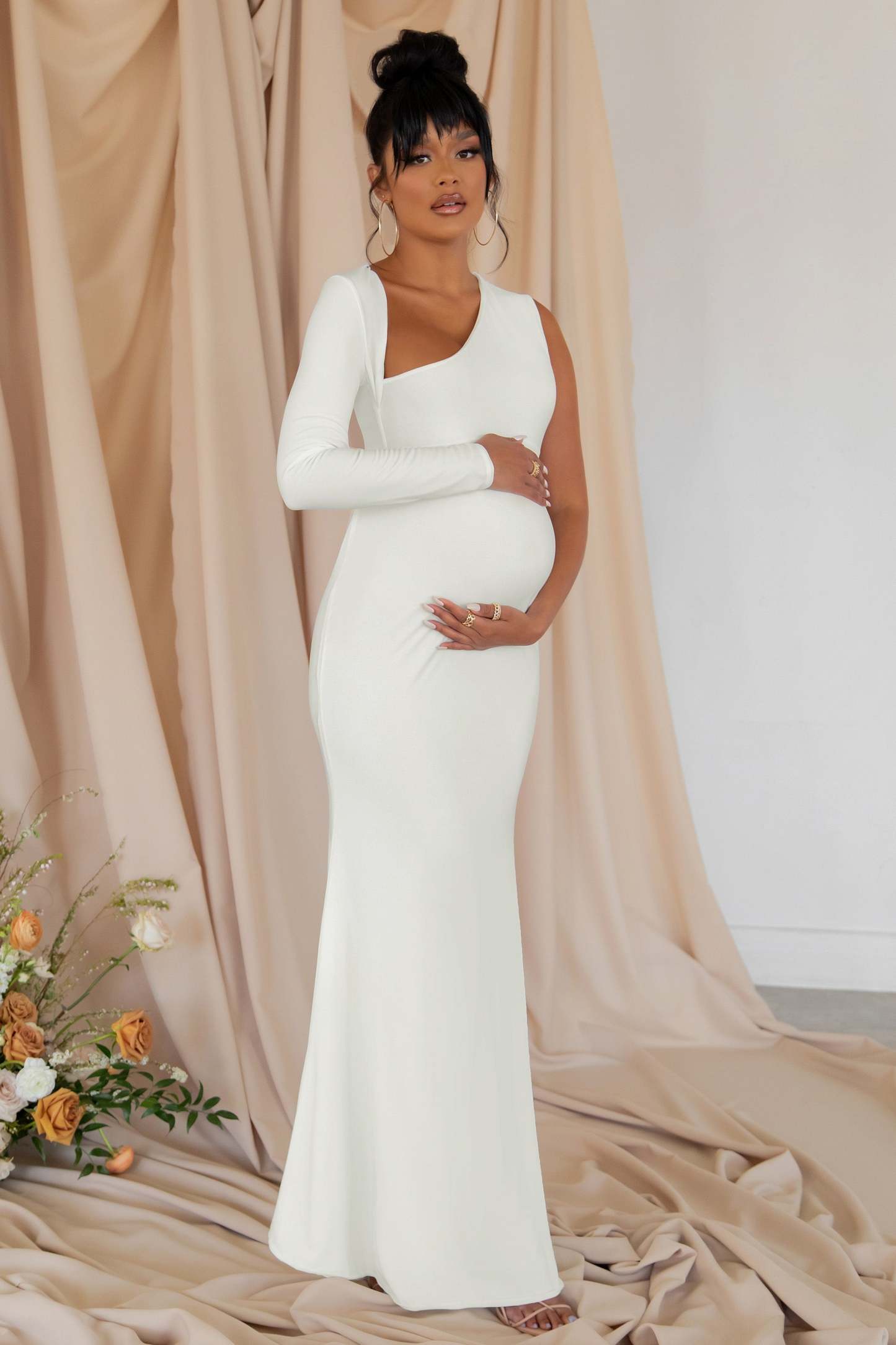 Oh Baby White Maternity One Shoulder Bodycon Maxi Dress-Babyboo Dress Store. All Rights Reserved.