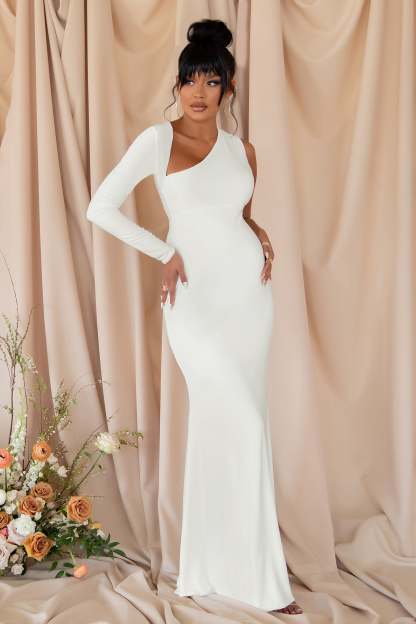 Oh Baby White Maternity One Shoulder Bodycon Maxi Dress-Babyboo Dress Store. All Rights Reserved.