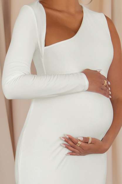 Oh Baby White Maternity One Shoulder Bodycon Maxi Dress-Babyboo Dress Store. All Rights Reserved.