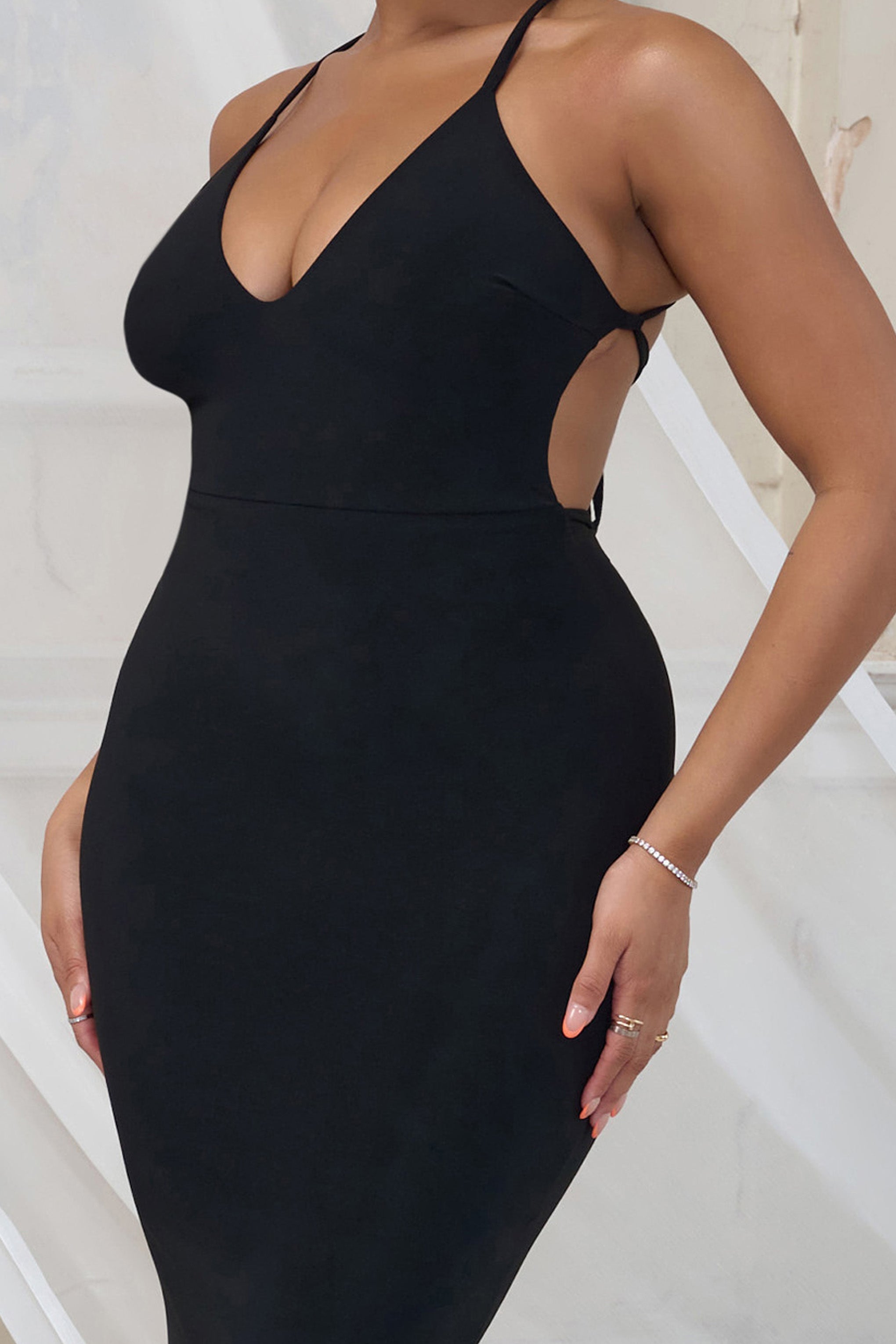 Shooting Star Black Backless Knot Detail Fishtail Maxi Dress