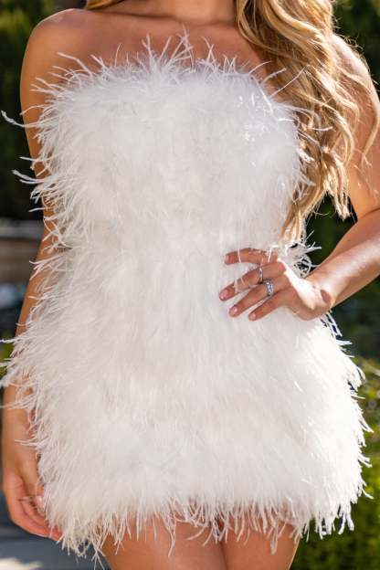 Out On The Town Ivory Feather Bandeau Mini Dress-Babyboo Dress Store. All Rights Reserved.
