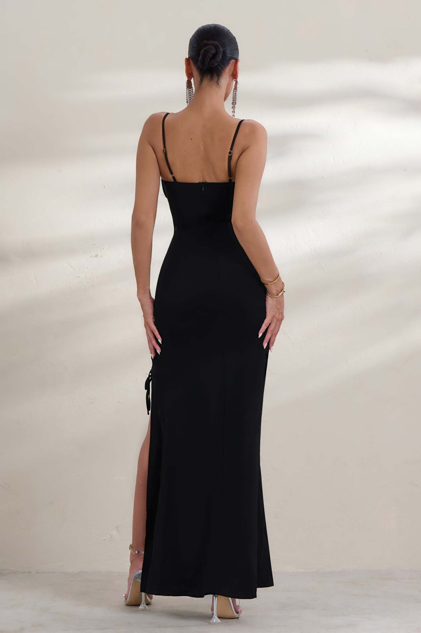 On Show Black Lace Up Detail Split Leg Maxi Dress-Babyboo Dress Store. All Rights Reserved.