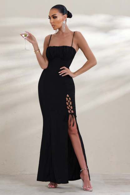 On Show Black Lace Up Detail Split Leg Maxi Dress-Babyboo Dress Store. All Rights Reserved.