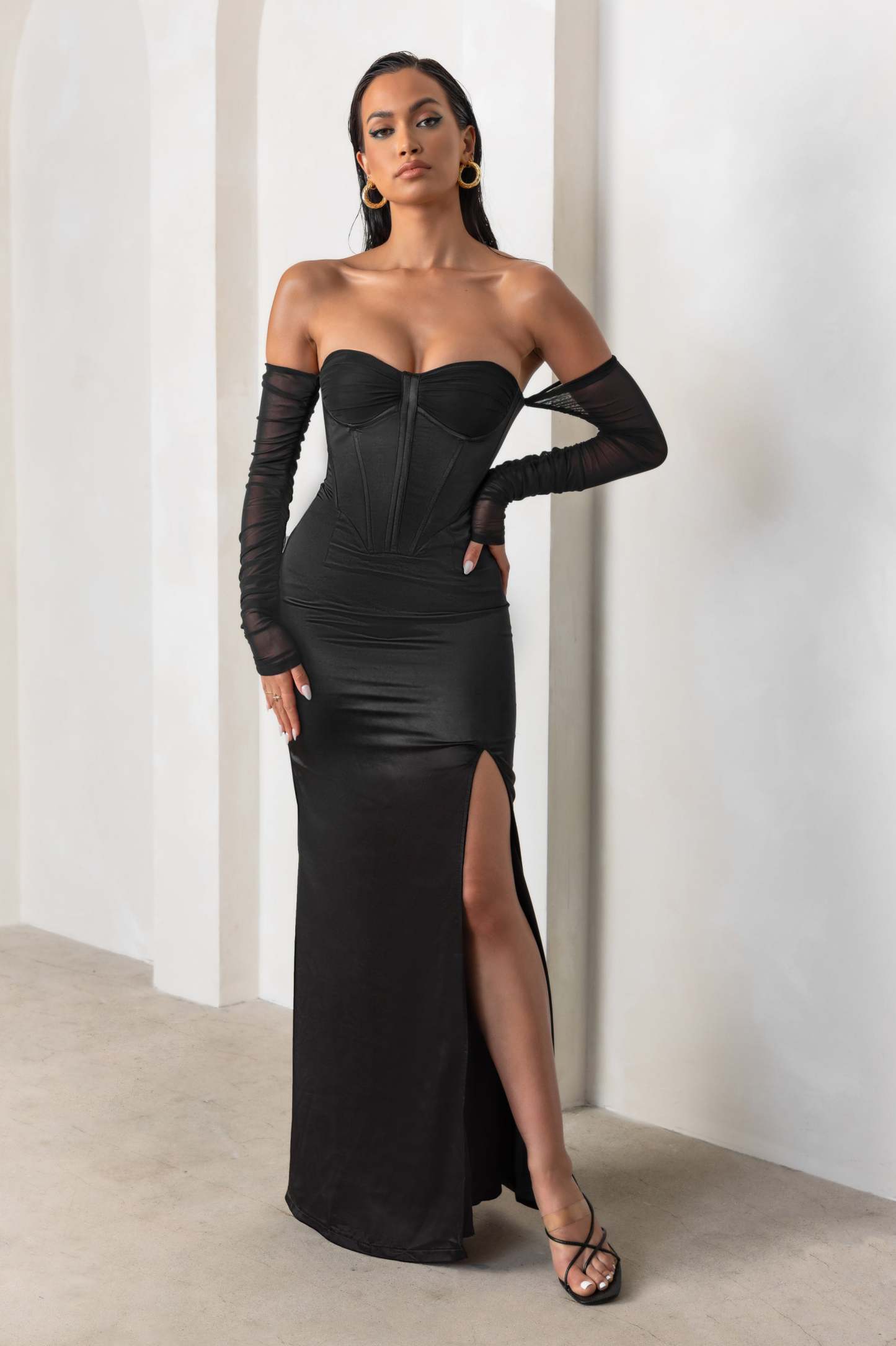 My Prize Black Satin Bardot Mesh Long Sleeves Maxi Dress With Thigh Split-Babyboo Dress Store. All Rights Reserved.