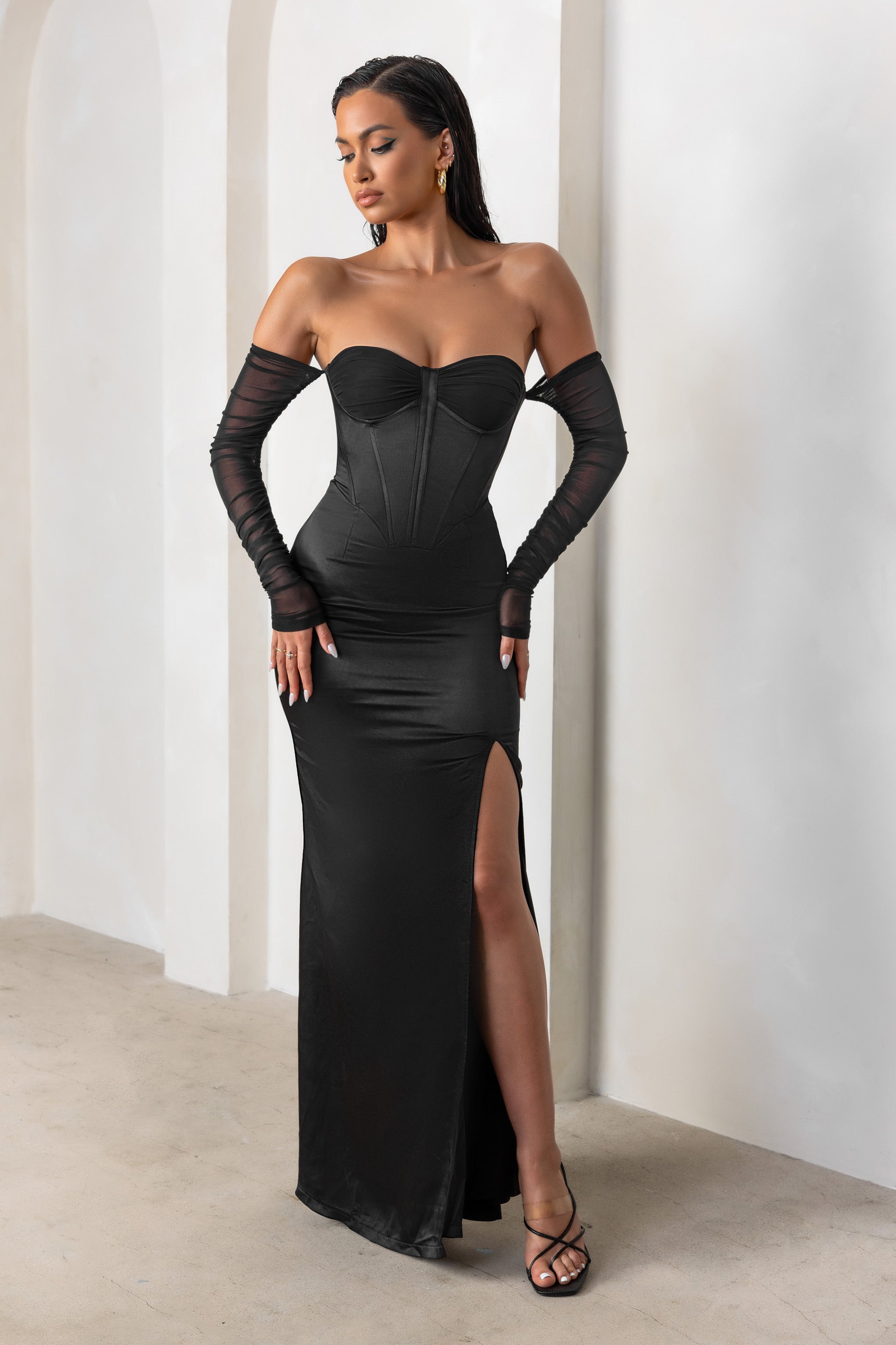 My Prize Black Satin Bardot Mesh Long Sleeves Maxi Dress With Thigh Split-Babyboo Dress Store. All Rights Reserved.