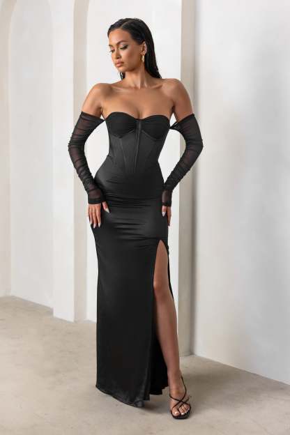 My Prize Black Satin Bardot Mesh Long Sleeves Maxi Dress With Thigh Split-Babyboo Dress Store. All Rights Reserved.