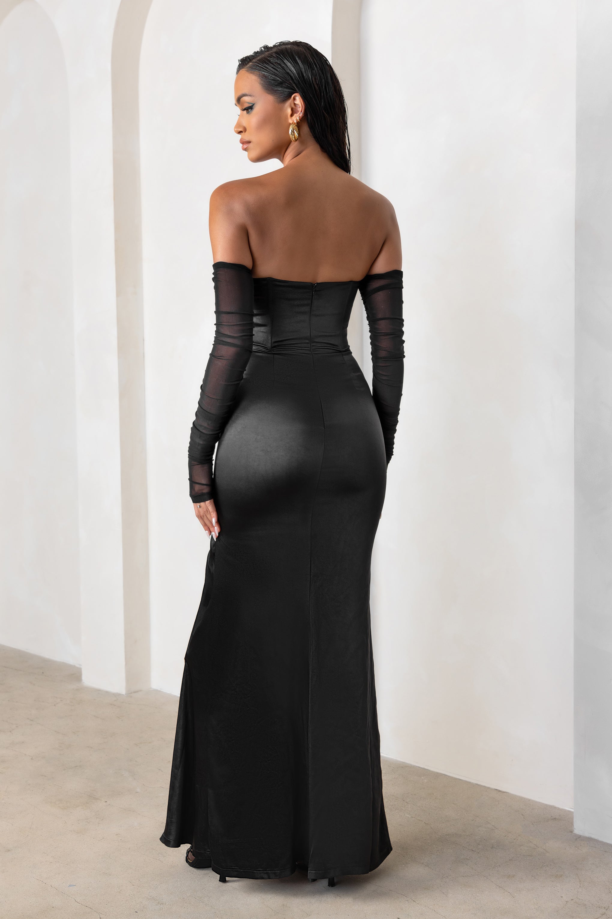 My Prize Black Satin Bardot Mesh Long Sleeves Maxi Dress With Thigh Split-Babyboo Dress Store. All Rights Reserved.