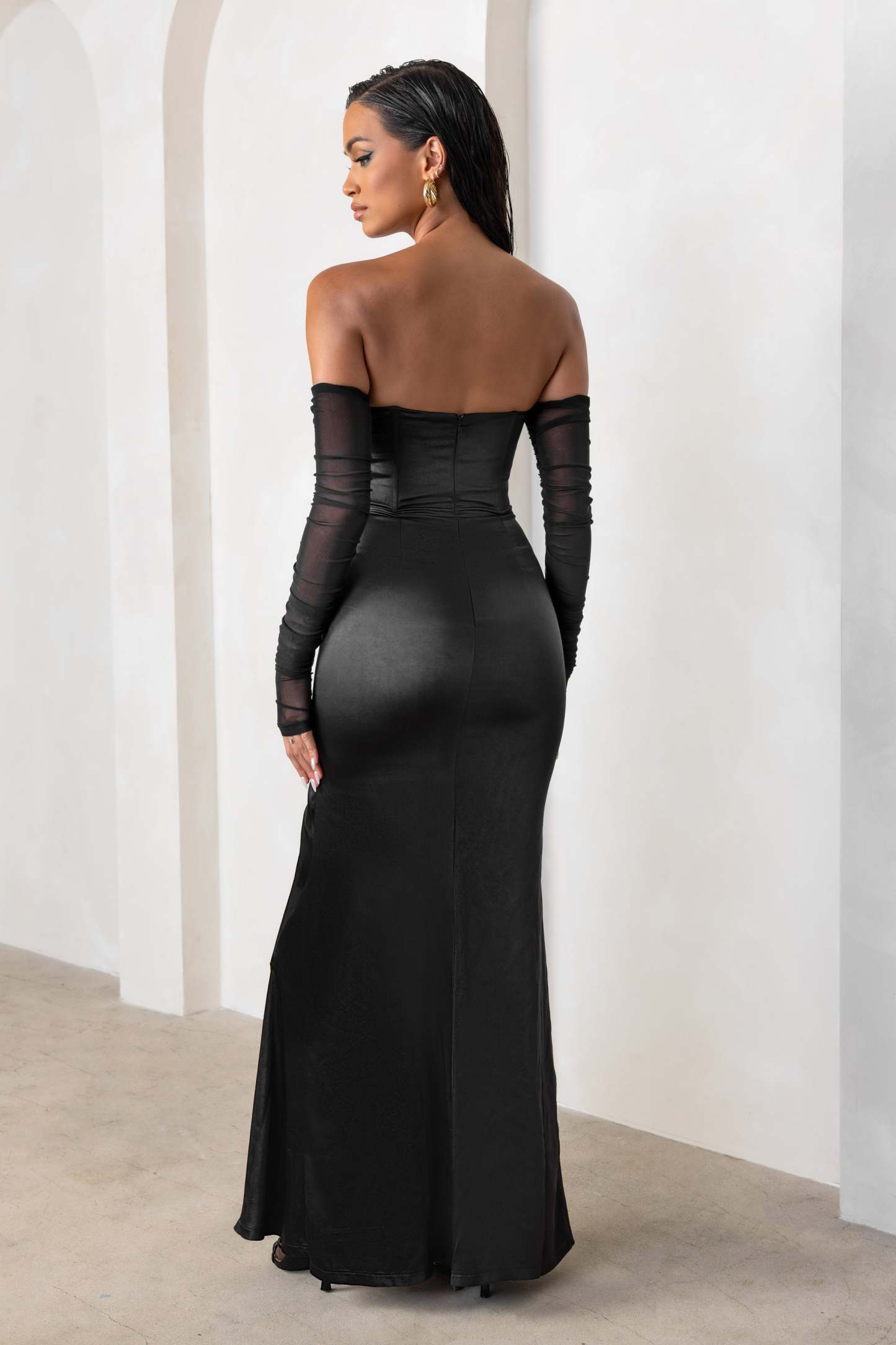 My Prize Black Satin Bardot Mesh Long Sleeves Maxi Dress With Thigh Split-Babyboo Dress Store. All Rights Reserved.