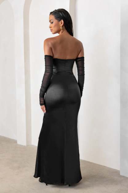 My Prize Black Satin Bardot Mesh Long Sleeves Maxi Dress With Thigh Split-Babyboo Dress Store. All Rights Reserved.