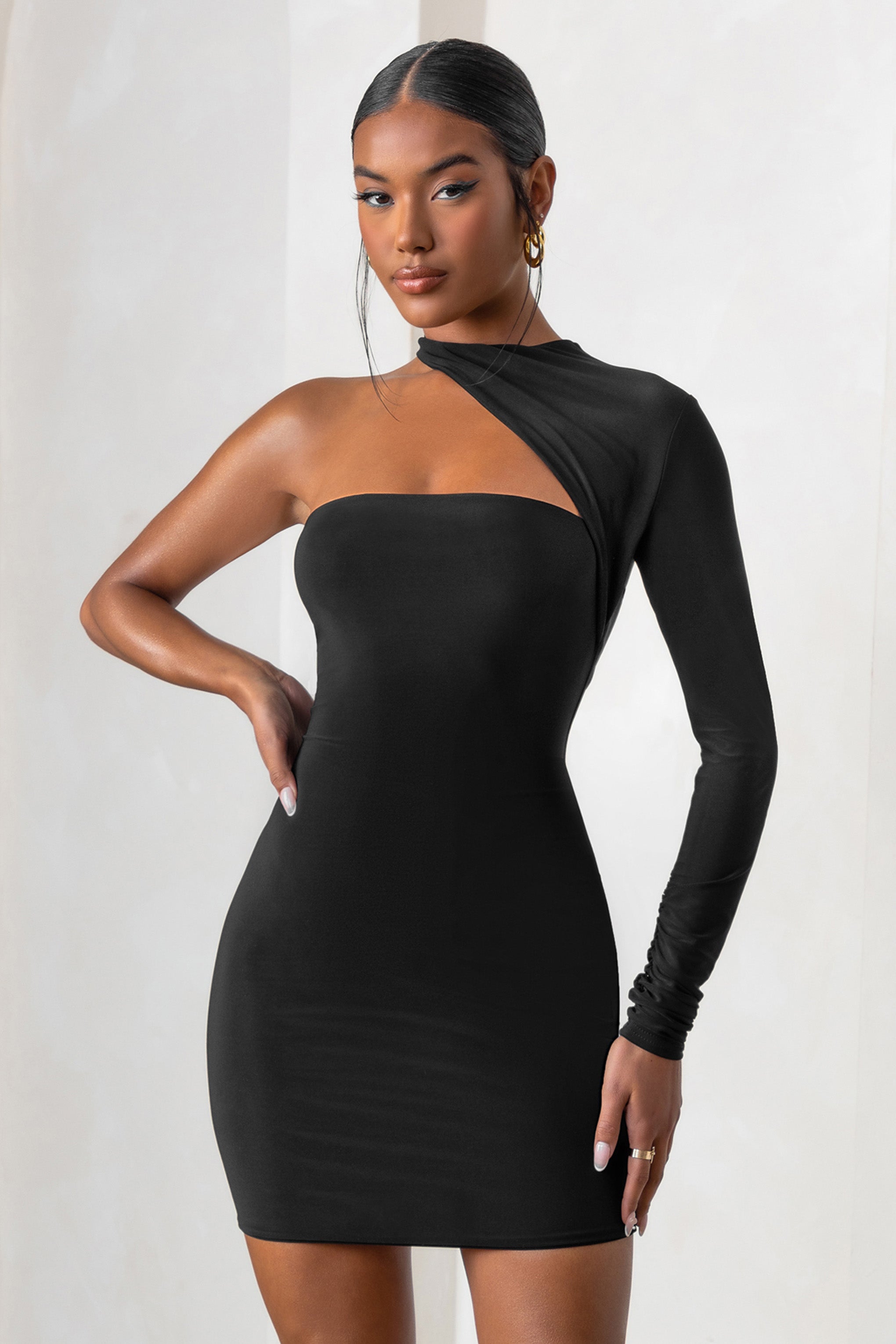 Perfect Touch Black One Shoulder Long Sleeve Mini Dress-Babyboo Dress Store. All Rights Reserved.