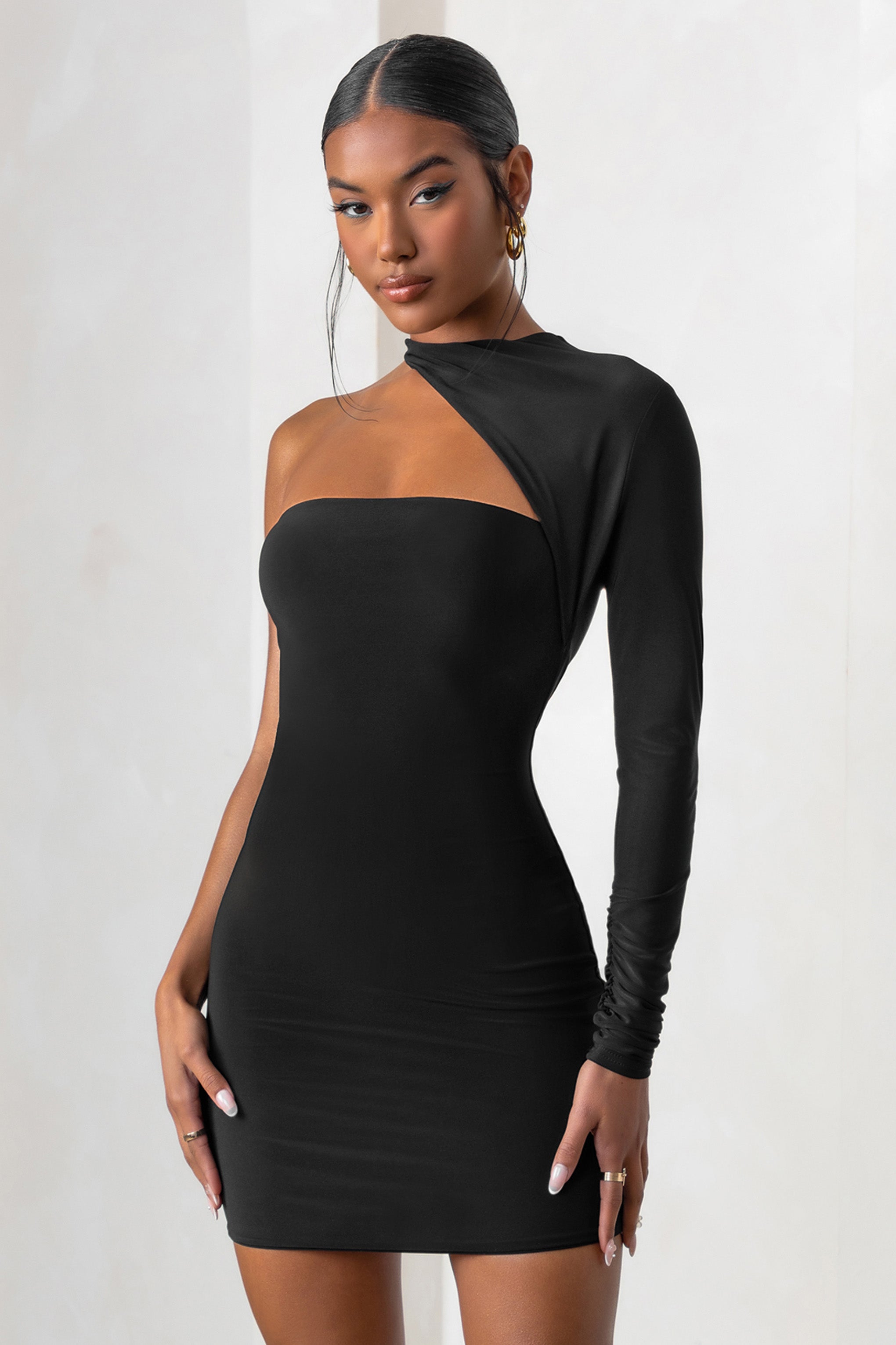 Perfect Touch Black One Shoulder Long Sleeve Mini Dress-Babyboo Dress Store. All Rights Reserved.