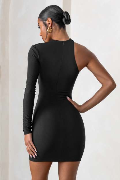 Perfect Touch Black One Shoulder Long Sleeve Mini Dress-Babyboo Dress Store. All Rights Reserved.