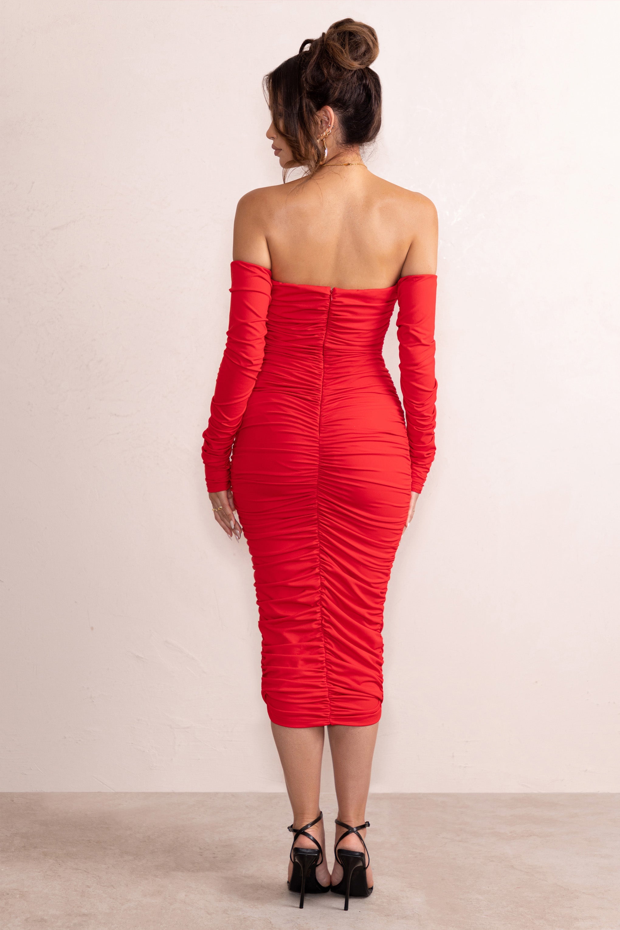 Charlotte Red Deep Plunge Ruched Long Sleeved Midi Dress-Babyboo Dress Store. All Rights Reserved.