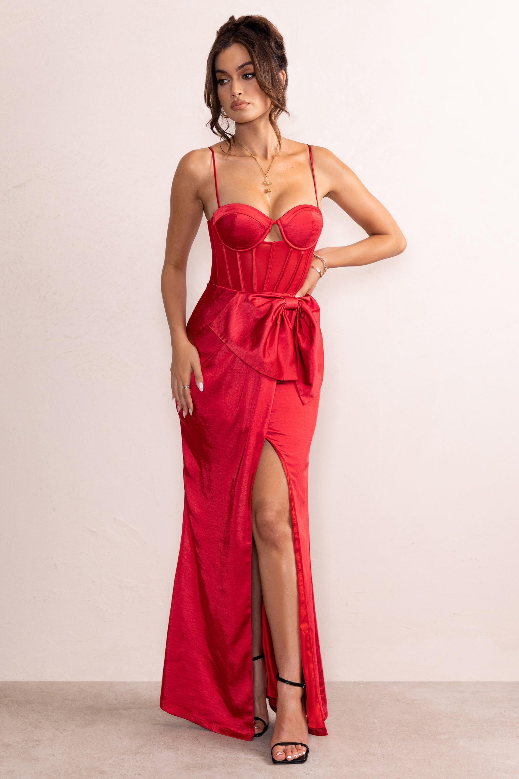 Odette Red Satin Square Neck Corset Bow Detail Maxi Dress-Babyboo Dress Store. All Rights Reserved.
