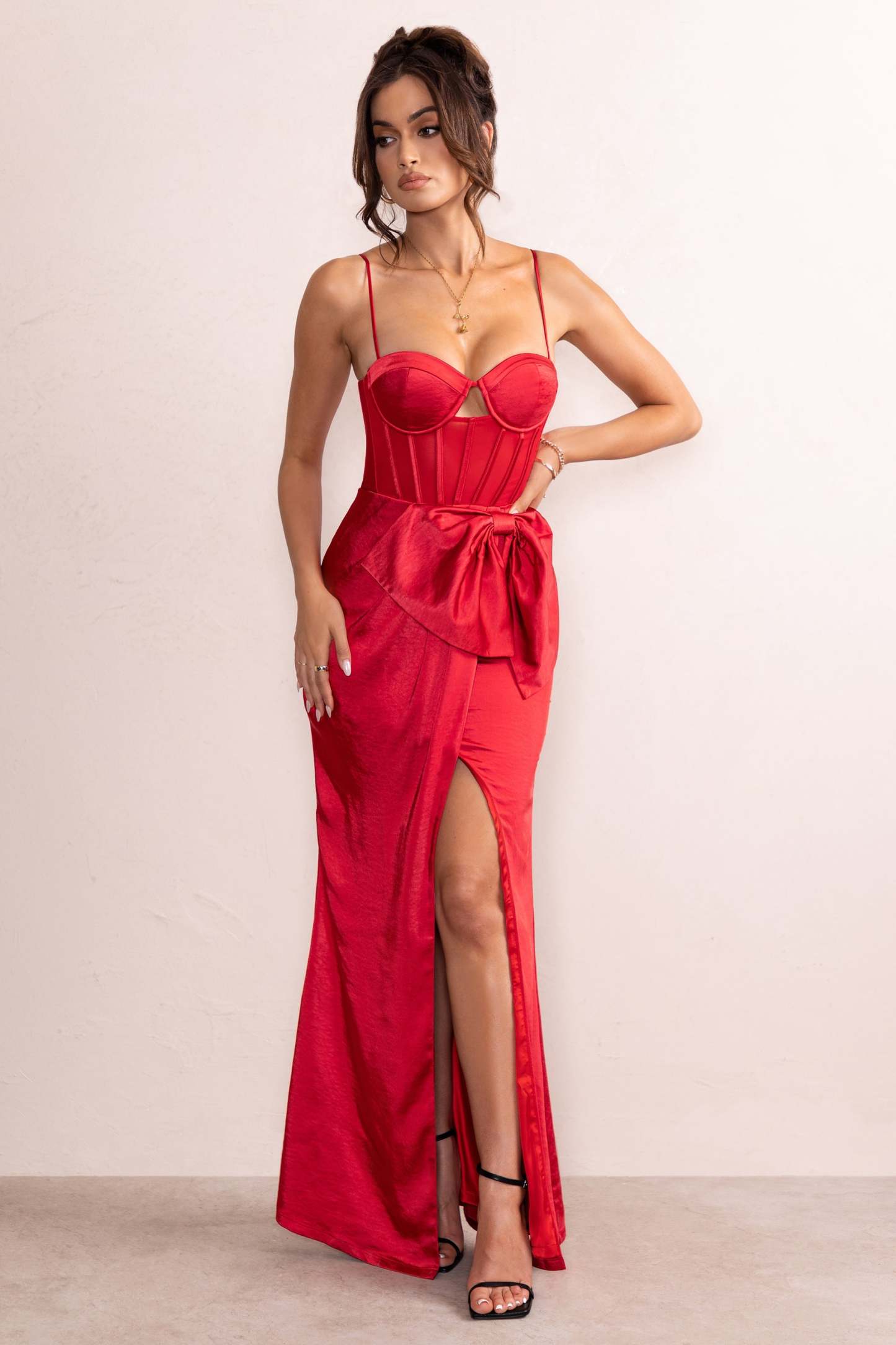 Odette Red Satin Square Neck Corset Bow Detail Maxi Dress-Babyboo Dress Store. All Rights Reserved.