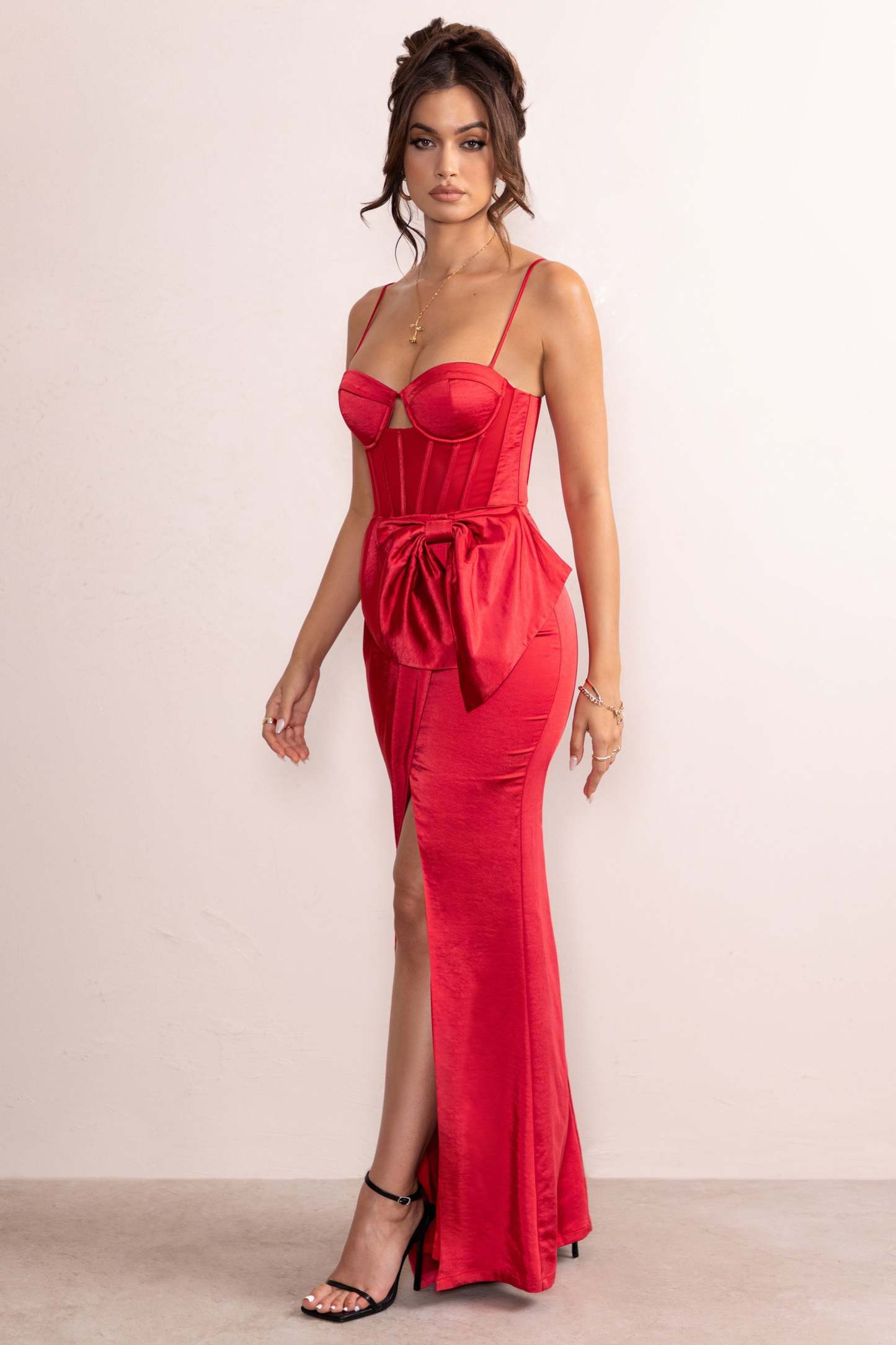 Odette Red Satin Square Neck Corset Bow Detail Maxi Dress-Babyboo Dress Store. All Rights Reserved.