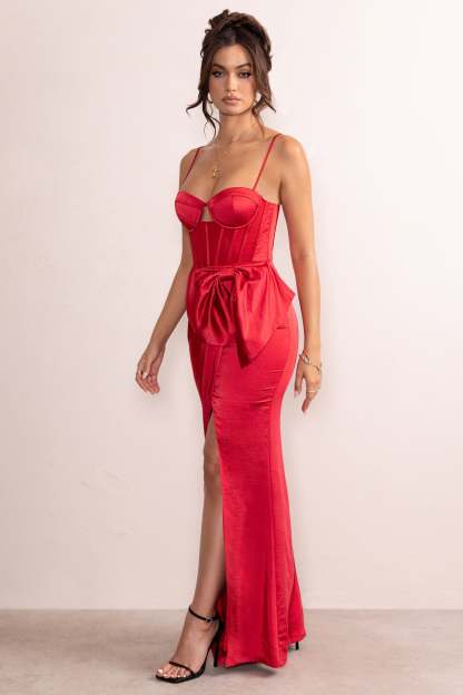Odette Red Satin Square Neck Corset Bow Detail Maxi Dress-Babyboo Dress Store. All Rights Reserved.