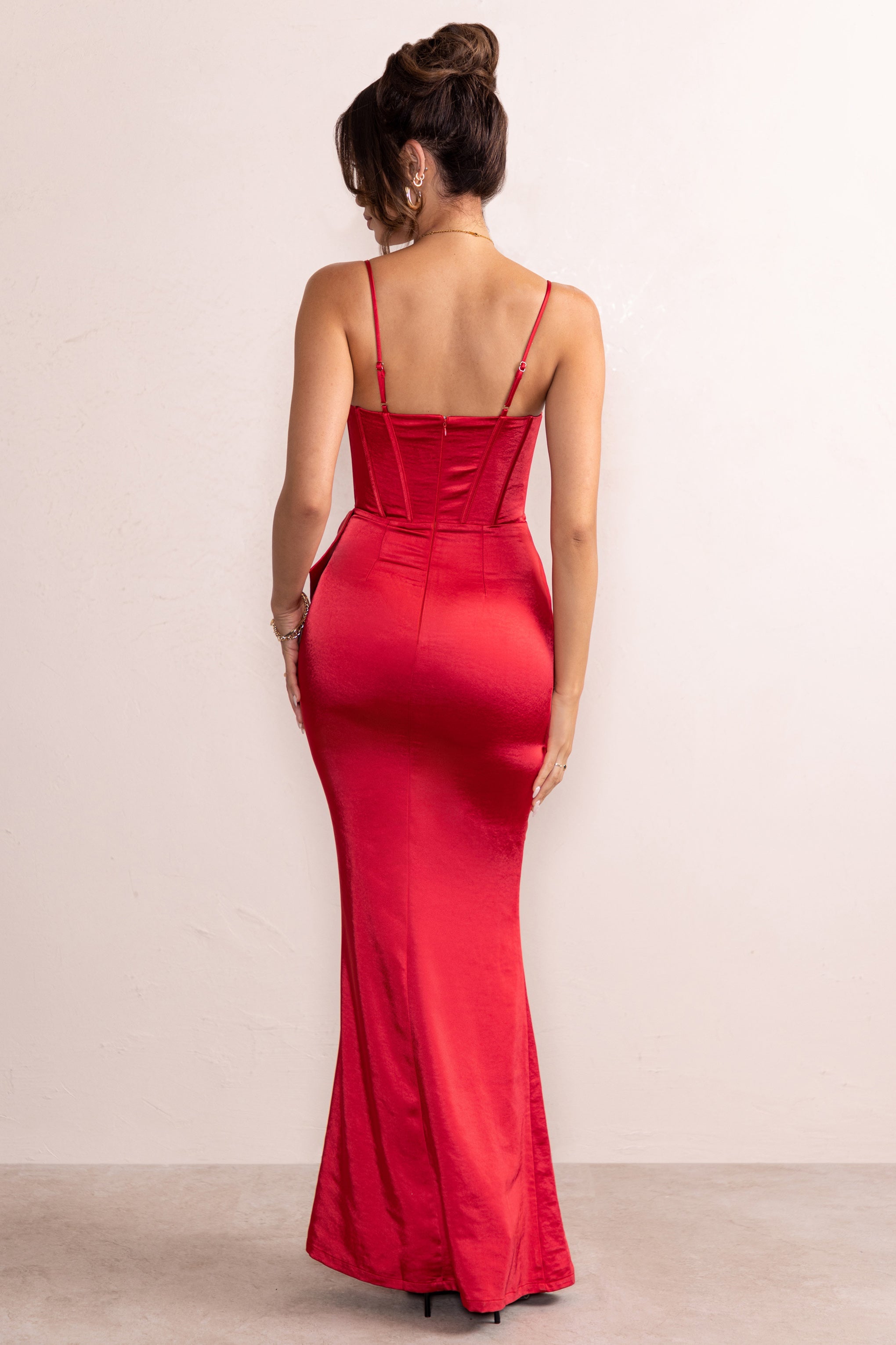 Odette Red Satin Square Neck Corset Bow Detail Maxi Dress-Babyboo Dress Store. All Rights Reserved.