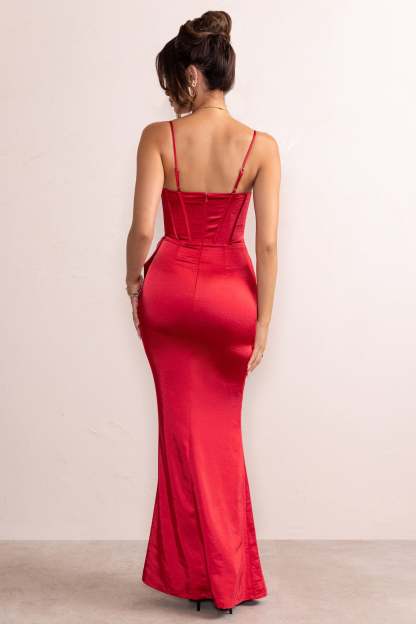 Odette Red Satin Square Neck Corset Bow Detail Maxi Dress-Babyboo Dress Store. All Rights Reserved.
