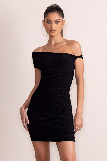 Coco Black Asymmetric Bardot Mini Dress With Ruching Detail-Babyboo Dress Store. All Rights Reserved.