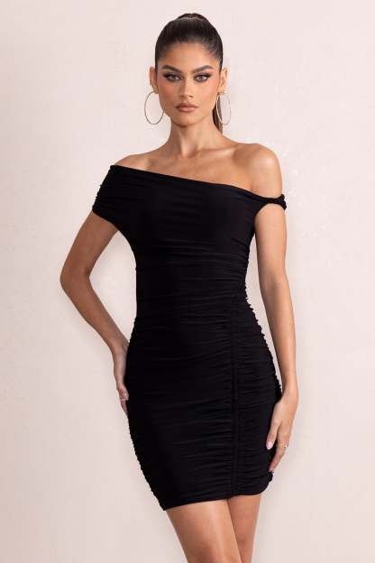 Coco Black Asymmetric Bardot Mini Dress With Ruching Detail-Babyboo Dress Store. All Rights Reserved.