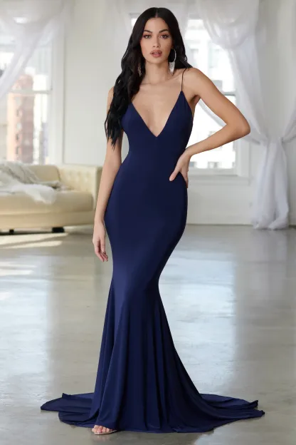 Navy Backless Bum Ruched Fishtail Maxi Dress