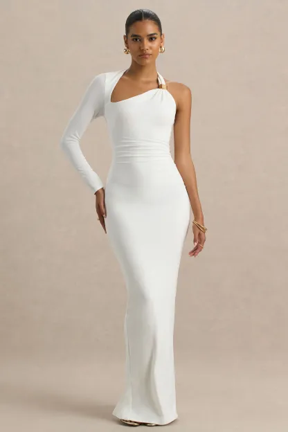 White Maxi Dress with Asymmetric Neckline