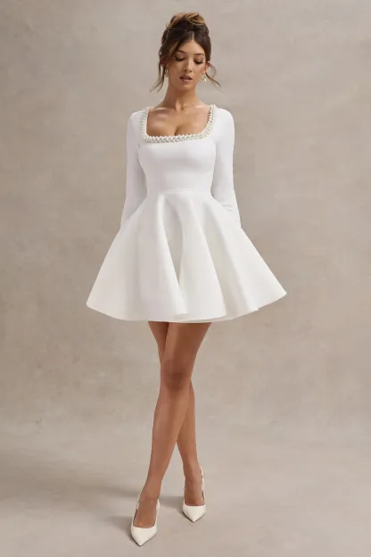 White Square-Neck Long-Sleeve Skater Mini Dress