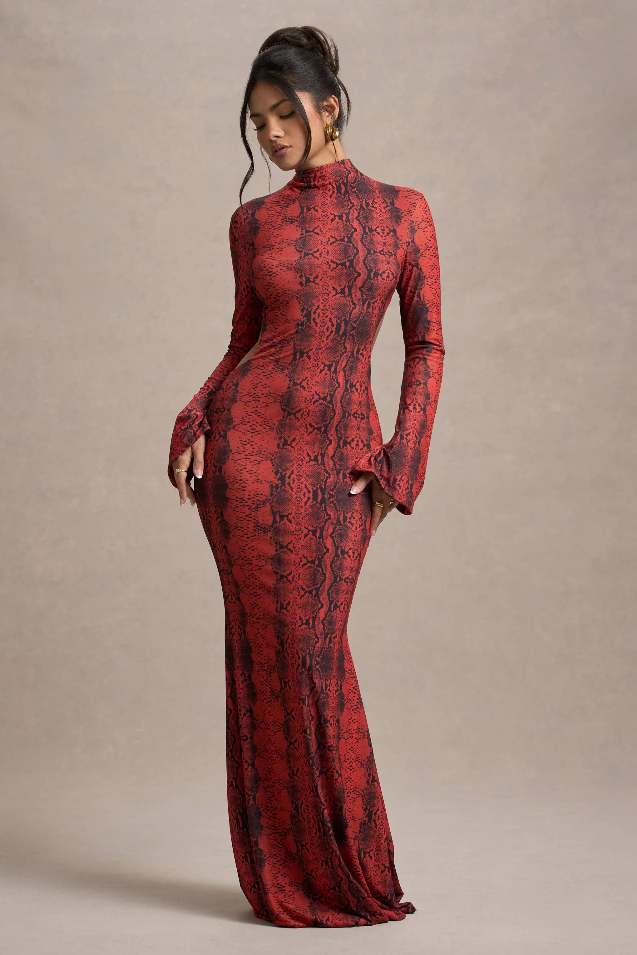 Red Snake Print High-Neck Cut-Out Maxi Dress