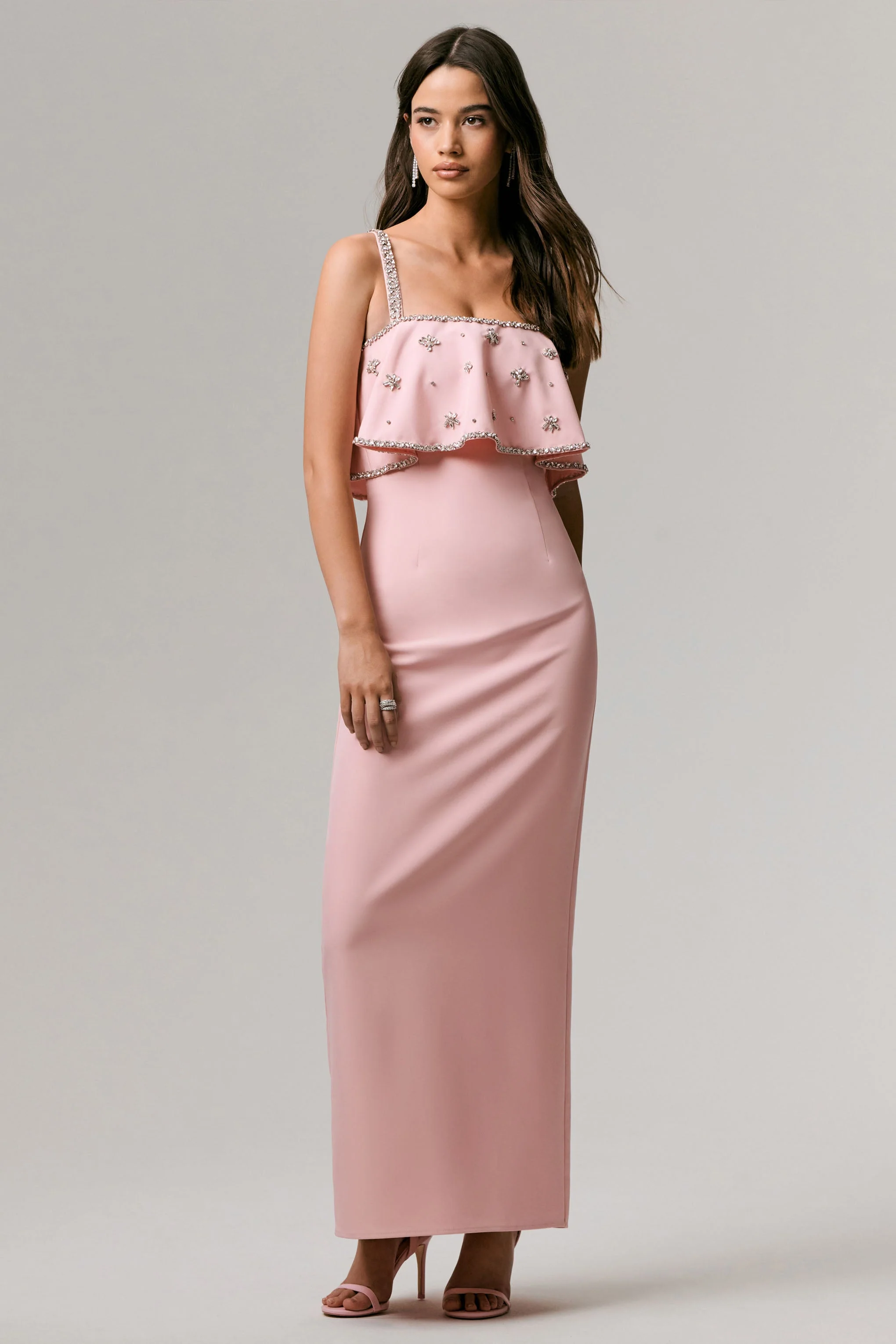 Pale Pink Square-Neck Embellished Maxi Dress