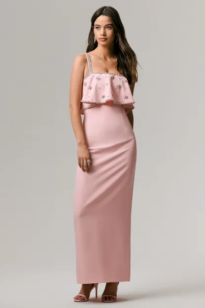 Pale Pink Square-Neck Embellished Maxi Dress